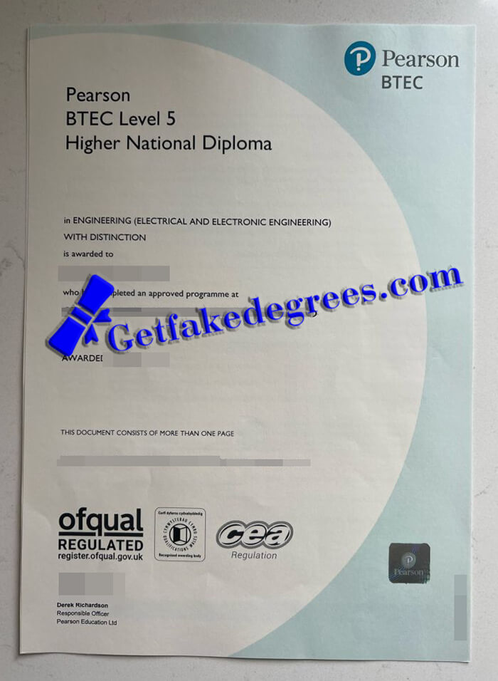 Pearson BTEC certificate