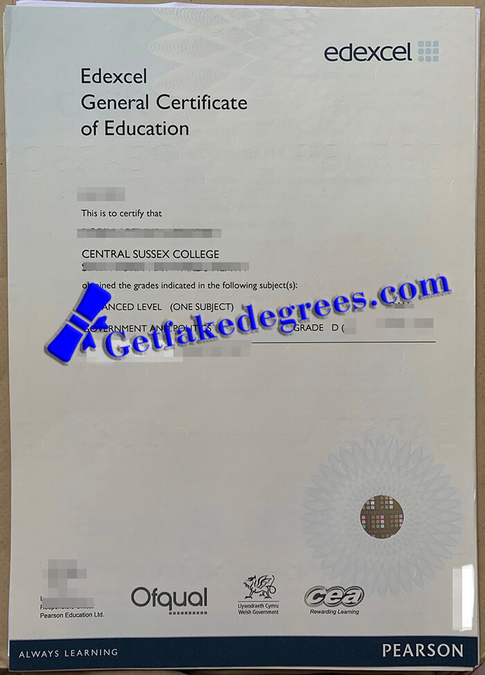 Edexcel General Certificate of Education certificate