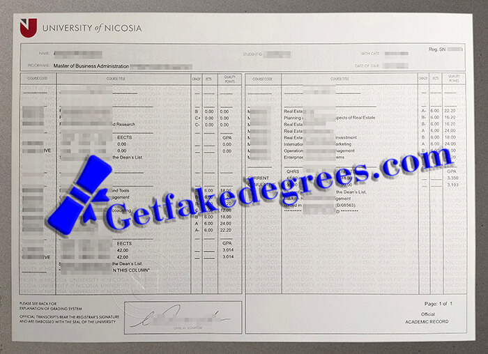 University of Nicosia transcript